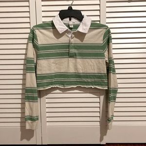 Full Tilt Long Sleeve Polo Shirt: Green Stripes Crop Tops